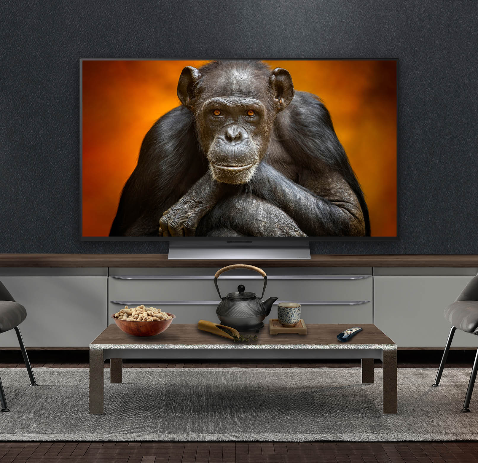 Luxury living room interior with modern leather armchairs and wide shine TV cabinet. Wall mounted 75 inch TV. Luxury interior concept. 3d rendering.